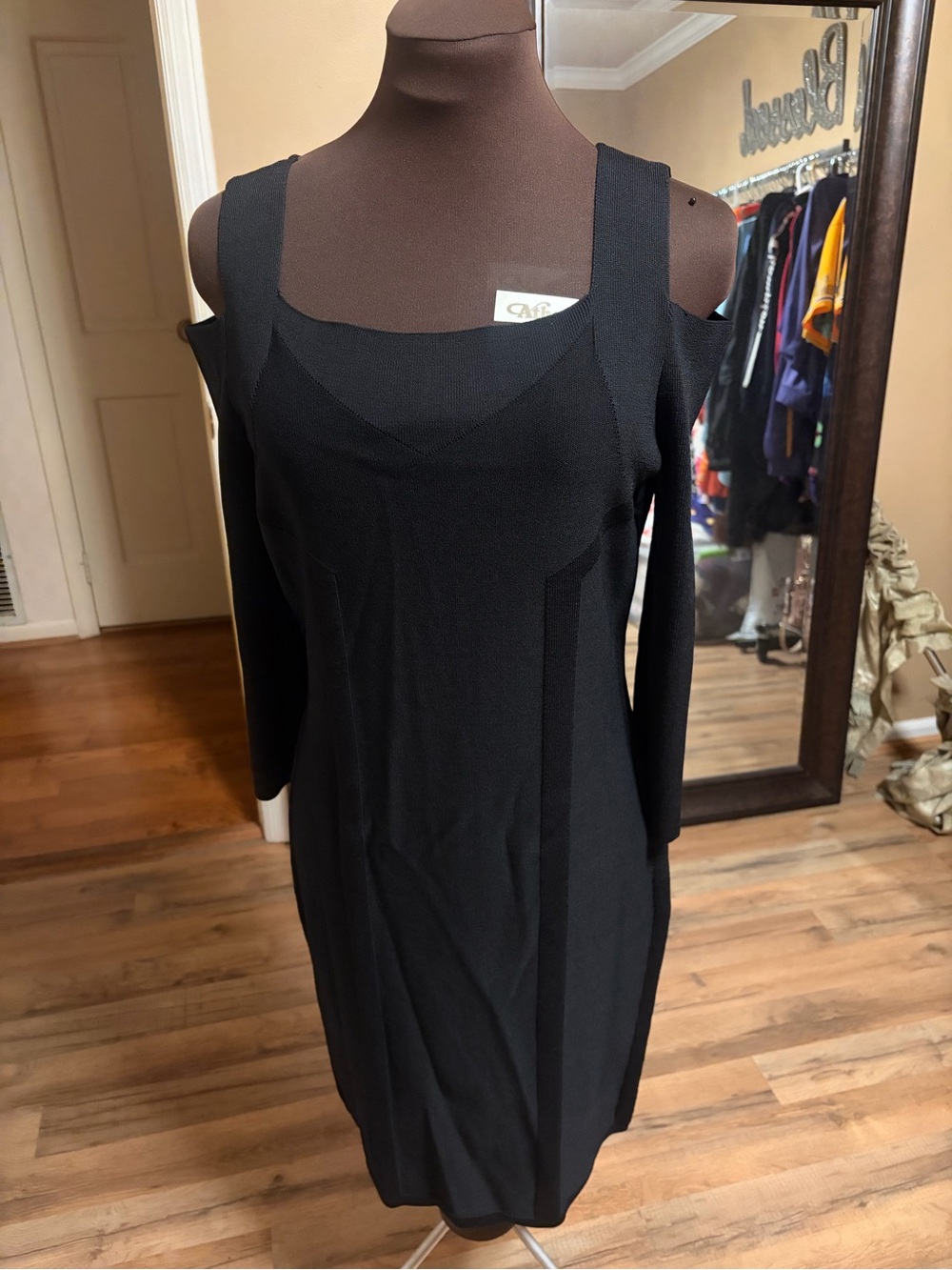♠️Calvin Klein Black Cold-Shoulder Long Sleeve Sheath Dress🖤
